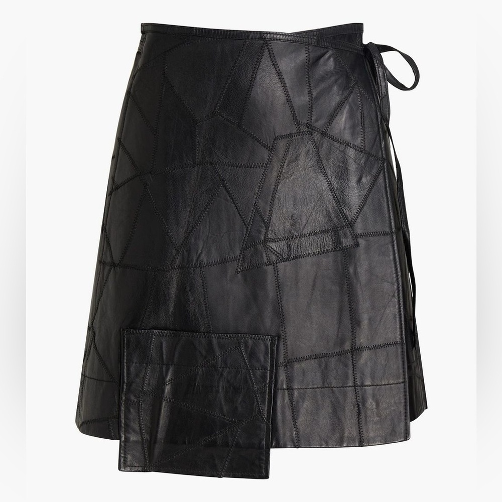 GANNI Black Leather Patchwork Wrap Around Skirt | Size 32 | | M | NWT